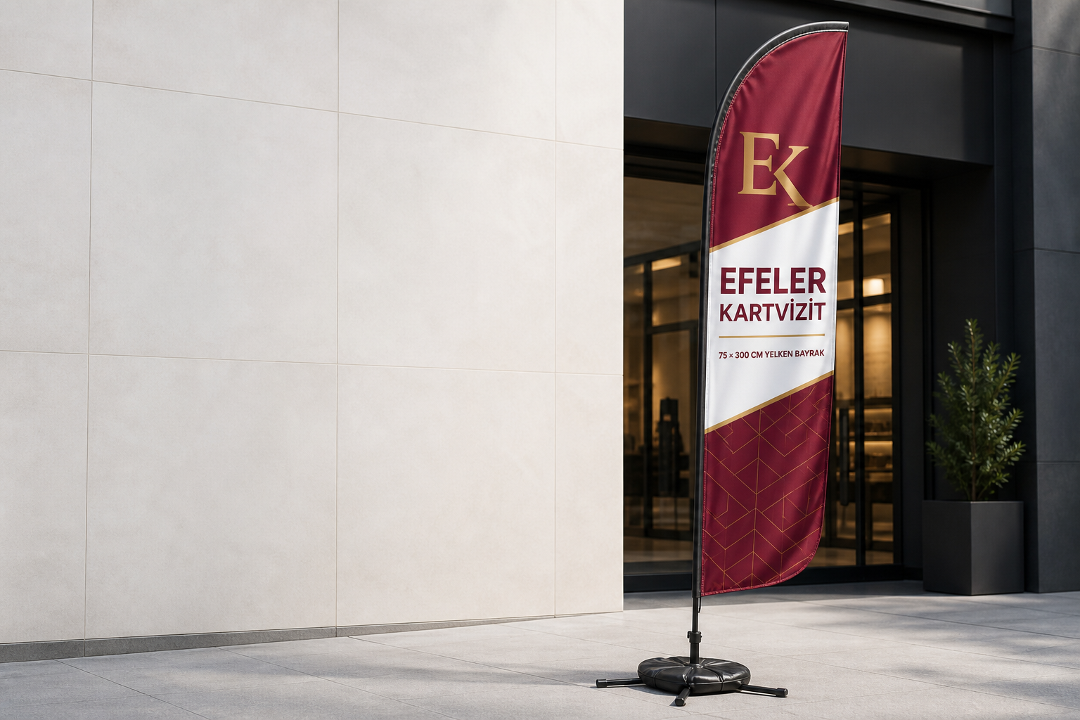 Efeler Kartvizit logolu 75x300 yelken bayrak takımı, çapraz taban ve su ağırlığı