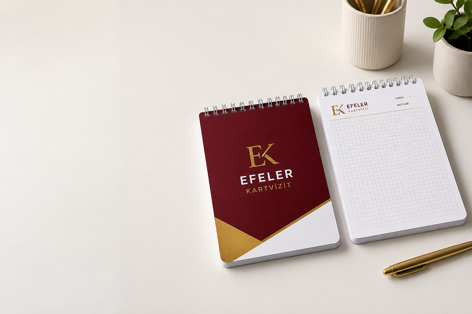 Efeler Kartvizit A5 spiralli bloknot baskısı – logolu kapak ve kareli iç sayfa