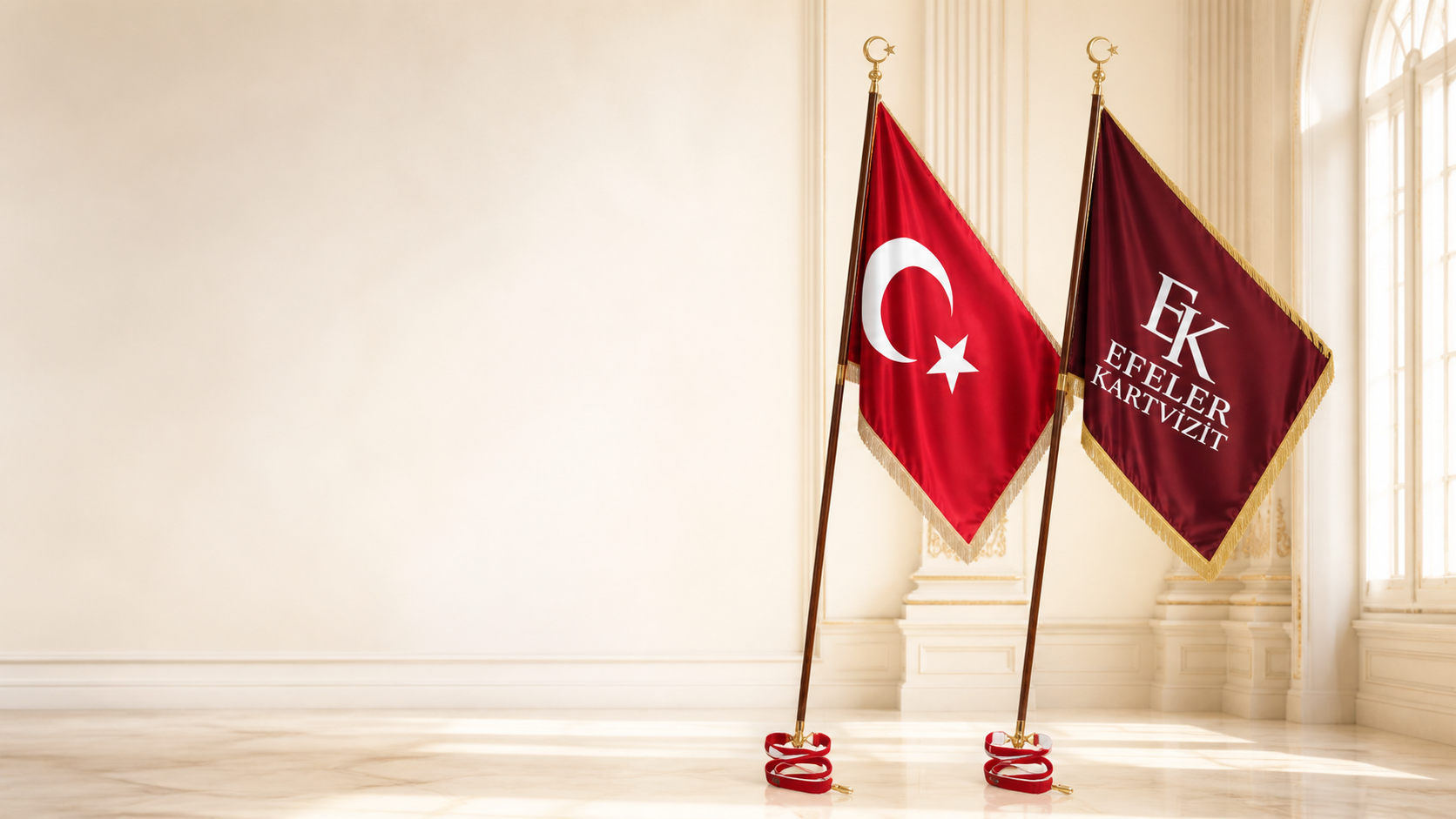 Efeler Kartvizit elde taşınan saçaklı tören bayrağı, ahşap direk ve hamail seti