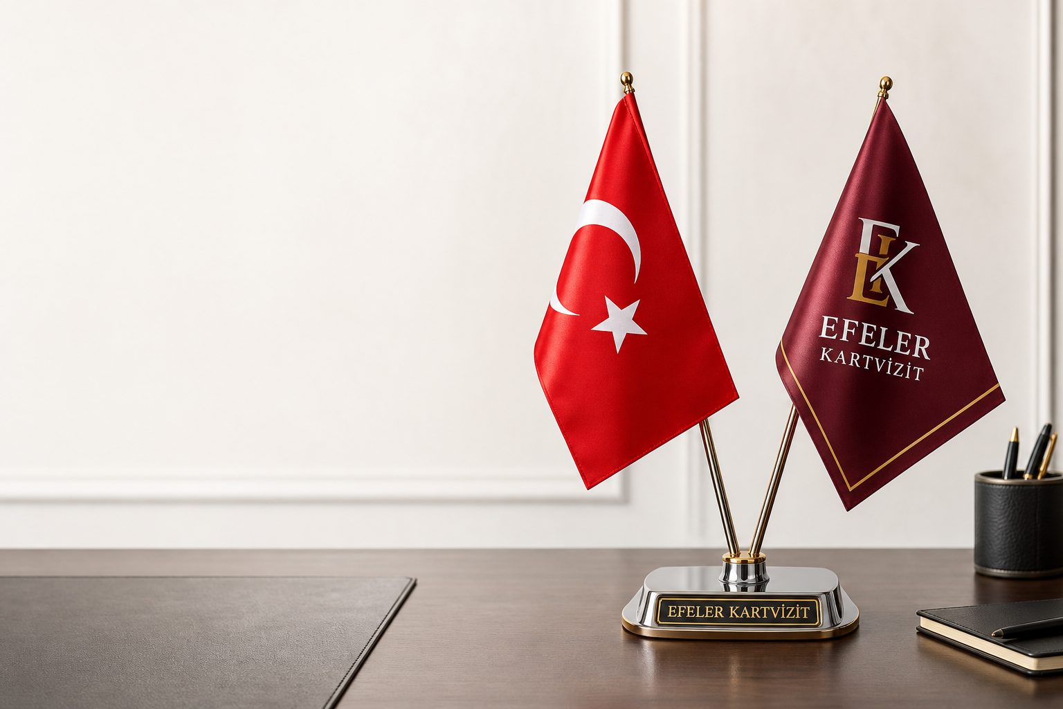 Efeler Kartvizit ikili masa bayrağı baskısı – Türk bayrağı ve logolu kurumsal bayrak