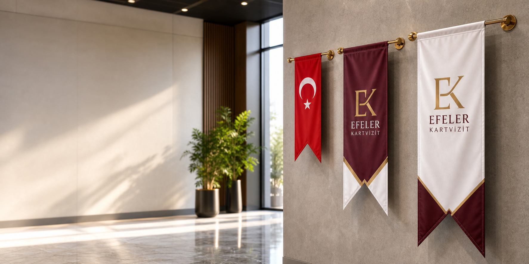 Efeler Kartvizit logolu kırlangıç bayrak ve Türk bayrağı, gold duvar aparatı