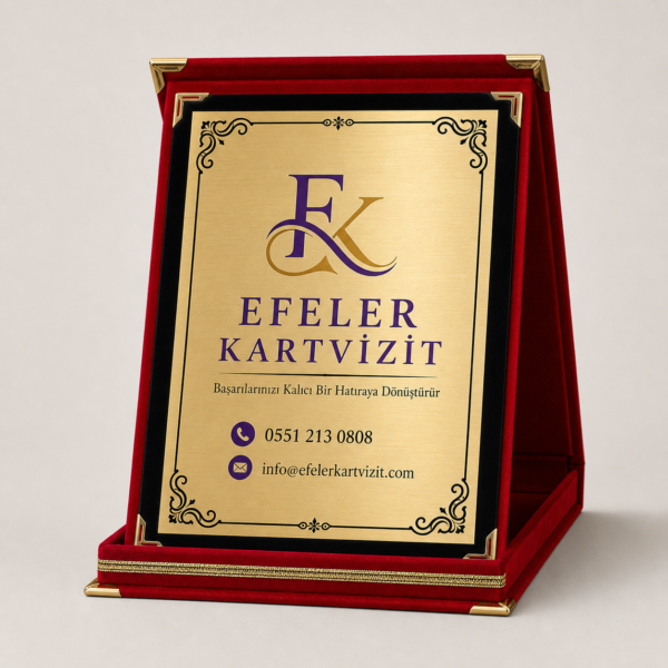 Efeler Kartvizit kırmızı kadife kutulu kişiye özel plaket 19x24,5 cm