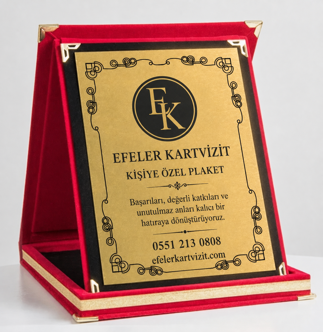 Efeler Kartvizit kişiye özel kırmızı kutulu altın plaket