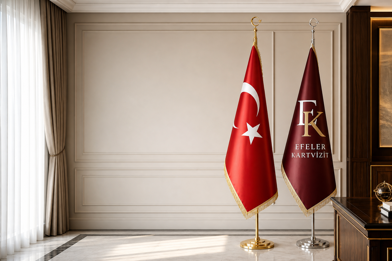 Efeler Kartvizit logolu kurumsal makam bayrağı ve saçaklı Türk makam bayrağı