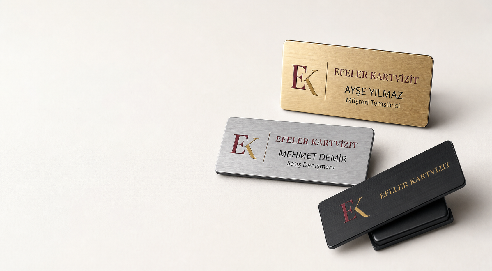 Efeler Kartvizit logolu altın, gümüş ve siyah metal yaka etiketi modelleri