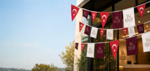 Efeler Kartvizit logolu üçgen ve dikdörtgen ipe dizili süsleme bayrakları